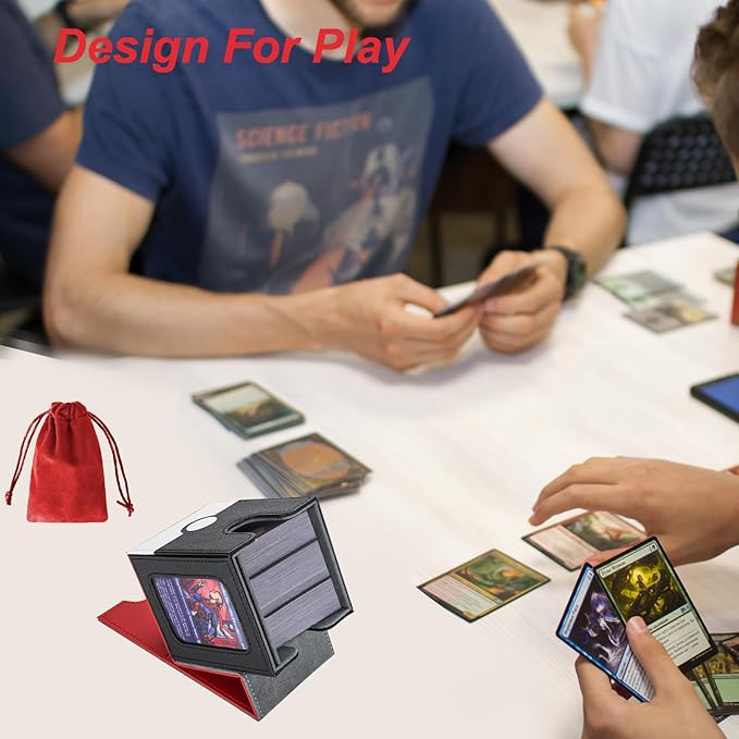 AFIING MTG Deck Box for Commander Display,Card Deck Case Fits 100 Double Sleeved Cards, Magic Commander TCG Card Storage Box with 2 Dividers,Dice Bag and 1 Toploader(Red Black)
