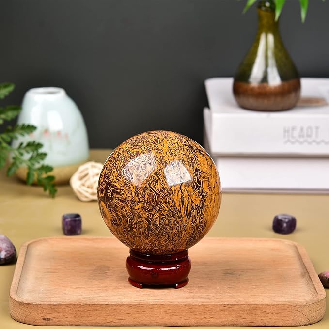 JIC Gem Real Natural Gemstone Sphere Jade Crystal Ball Mineral Quartz Stone with Decorative Stand Home Decoration (60-70mm)
