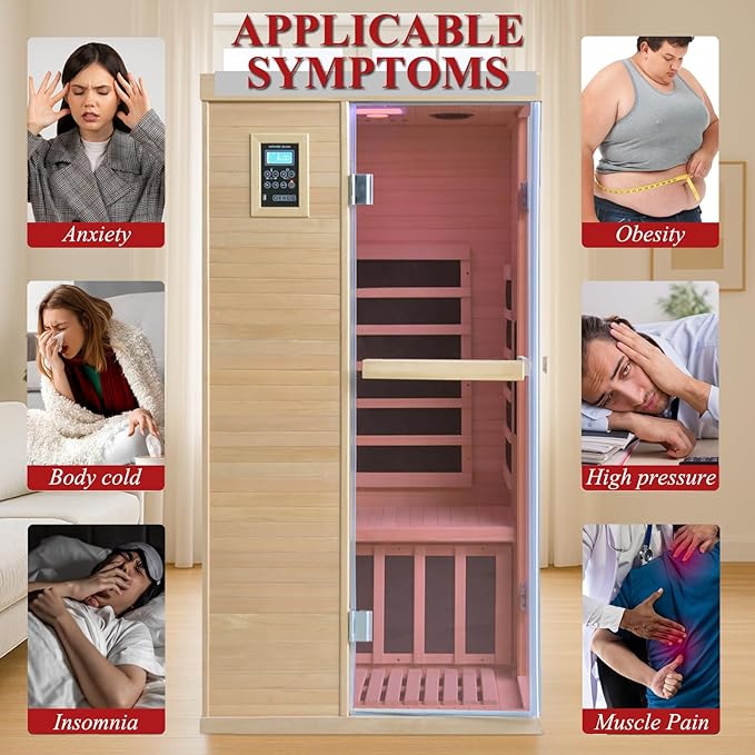 Far Infrared Sauna, 1-Person Canadian Hemlock Dry Sauna- 1350W Low EMF, 5 Heating Plates, Oxygen Bar, Chromotherapy, Bluetooth Speaker - 33.5x33.5x69in for Home Relaxation