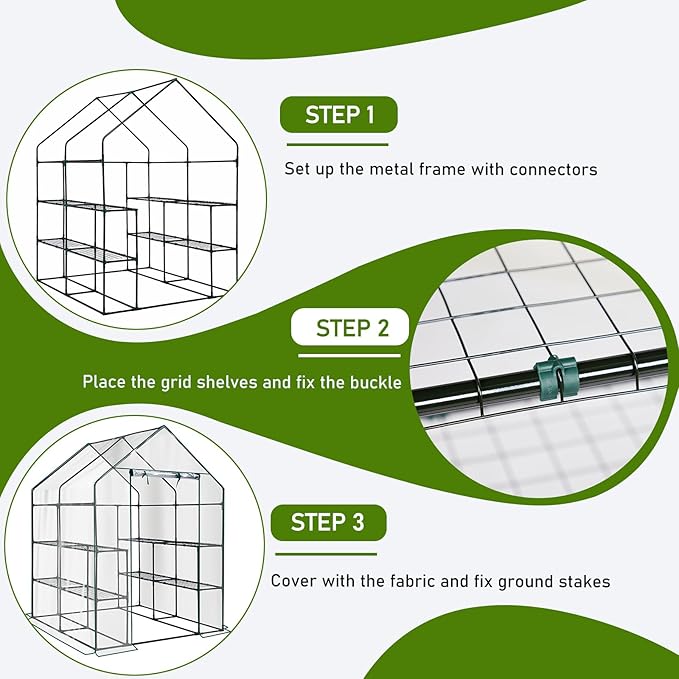 Outvita Walk-in Greenhouse, Outdoor Durable PVC Plant Green House for Frost Protection with 3 Tiers 8 Shelves, Shelf Clips, Roll-up Zipper Door, 56"x56"x77" Transparent