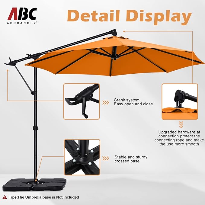 ABCCANOPY 10FT Cantilever Umbrella Offset Hanging Patio Umbrella with Base Stand Rotate and Tilt，Suitable for Garden, Lawn, Backyard(Orange)