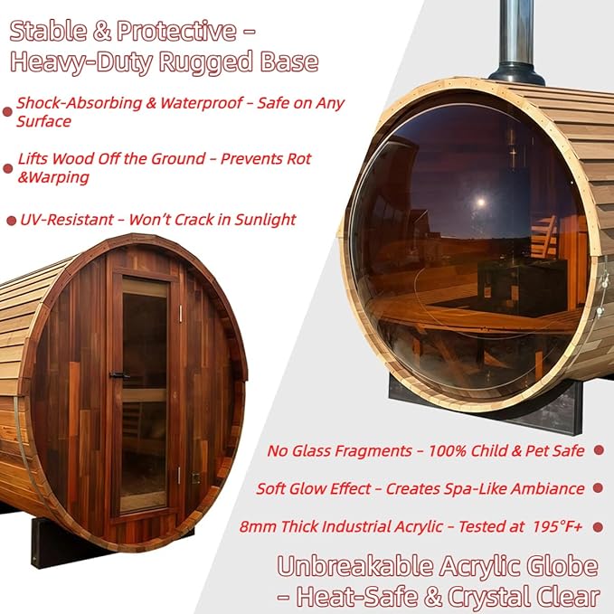 Outdoor Panoramic Sauna, 15KW Wood Burning Saunas Stove, Canadian Red Cedar Barrel Sauna 6 Person, Triple Waterproofing System, Steel Fireplace, Wood Tiles(0-195℉)