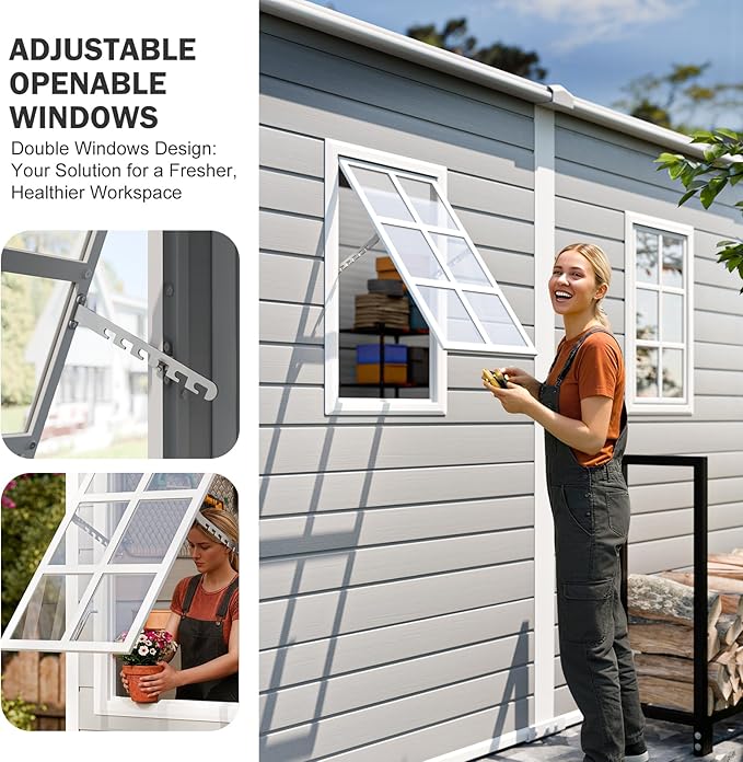 8x4 FT Resin Lean to Shed, Waterproof Outdoor Storage Shed with Floor, Adjustable Openable Window, Lockable Door & 2 Windows, Tool Shed for Patio Garden, Lawn, Backyard, Dove Grey