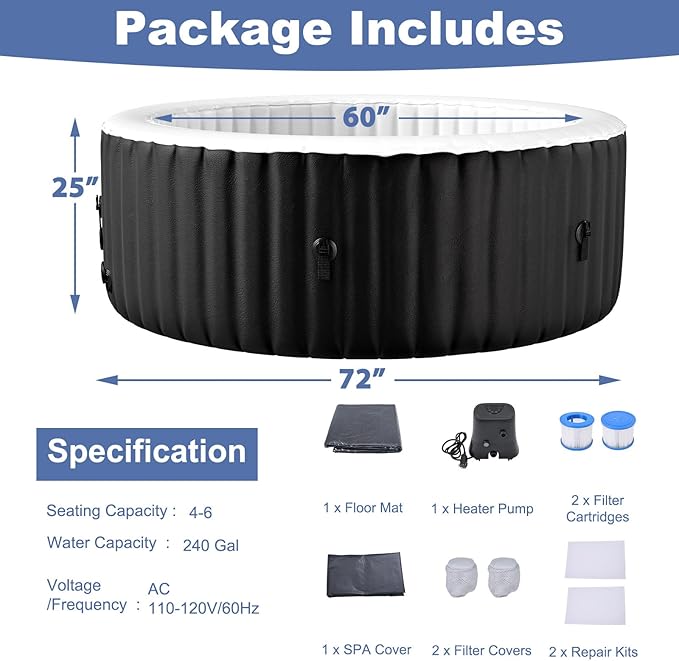 NAIZEA Inflatable Hot Tub - Outdoor Hot Tubs 2 to 4 Person, Portable Blow Up Spa Square Portable Hot Tub, 120 Soothing Bubble Air Jets, Cover, 2 Filter, 240 Gallon(71" X 71" X25")