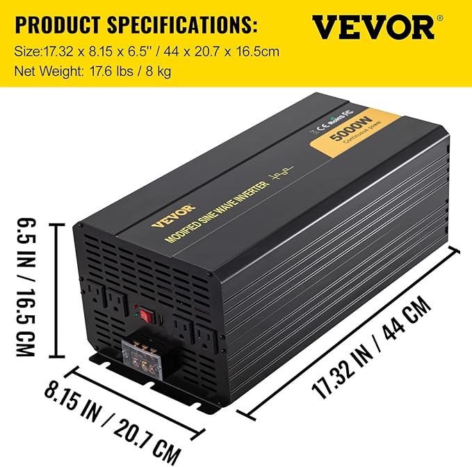 VEVOR 5000W Modified Sine Wave Power Inverter, DC 12V to AC 120V Car Converter with LCD Remote Control, USB Port, AC Outlets Inverter for Truck RV