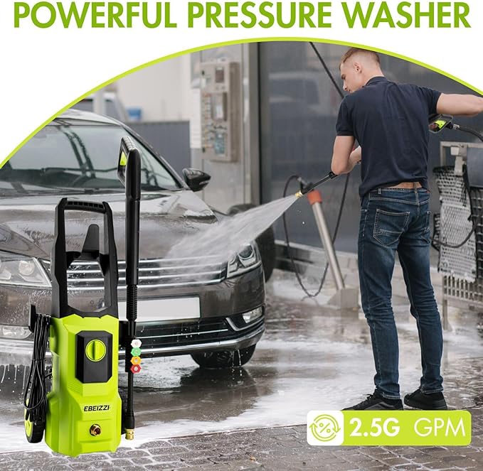 Pressure Washer Cleaner with 4 Nozzles & Foam Cannon for Driveways, Cars, Fences, Decks, Patios, and Outdoor Cleaning (Green)