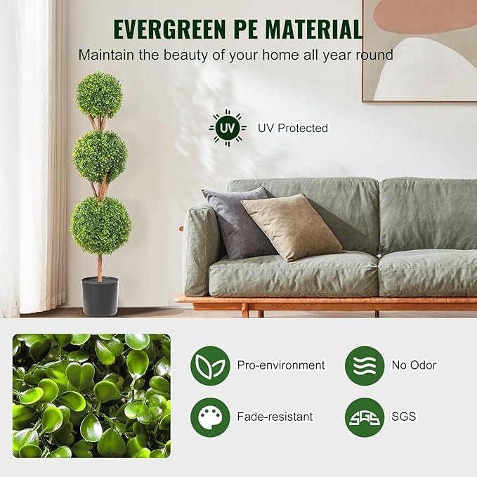 VEVOR Artificial Boxwood Topiary Tree, 48 inch Tall (2 Pieces), Triple Ball-Shaped Faux Topiary Tree, Green Faux Plant with Replaceable Leaves & Pot for Decorative Indoor/Outdoor/Home/Office