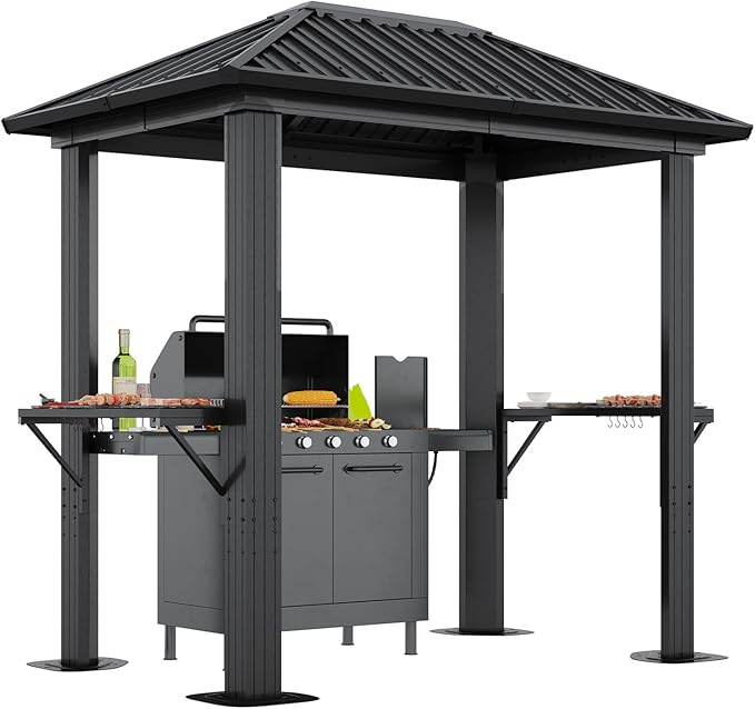 Aoxun Grill Hardtop Gazebo 5'x8', Aluminum Frame Canopy with Galvanized Steel Roof for Outside BBQ Party, Outdoor Metal Pavilion with Double Side Shelves for Backyard, Patio and Deck