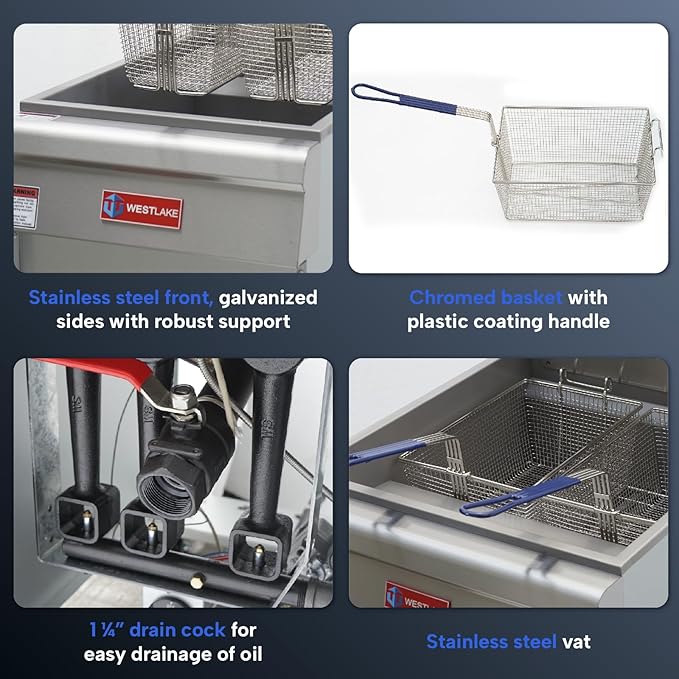 WESTLAKE Commercial Gas Deep Fryer, Stainless Steel Free Standing Floor Frye with Baskets 5 Tube 150000 BTU 70LB for Restaurants