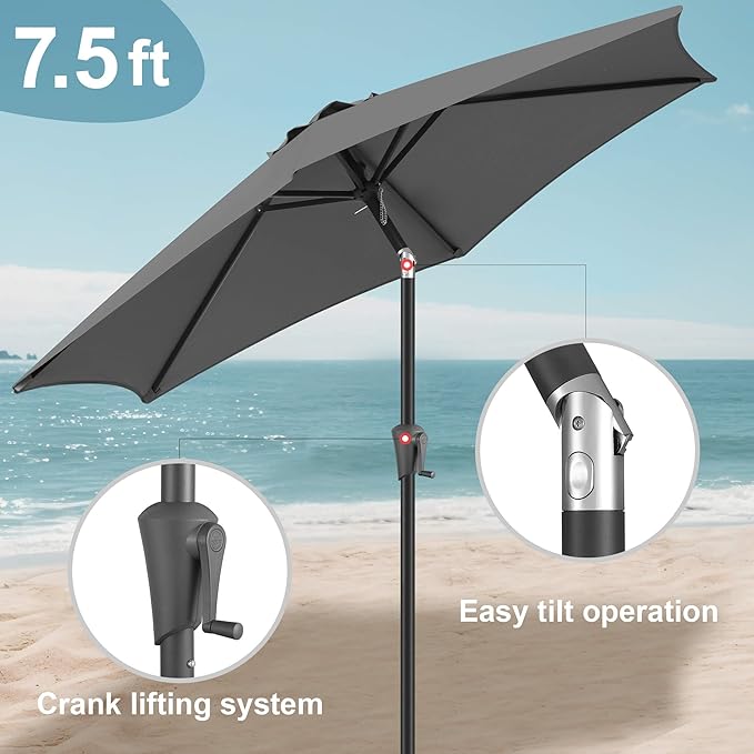 FLAME&SHADE 7.5ft Patio Umbrella - Outdoor Umbrella with Push Button Tilt and Crank for UV Protection, Table Market Umbrella for Garden, Deck, Backyard, Pool and Beach(Anthracite)