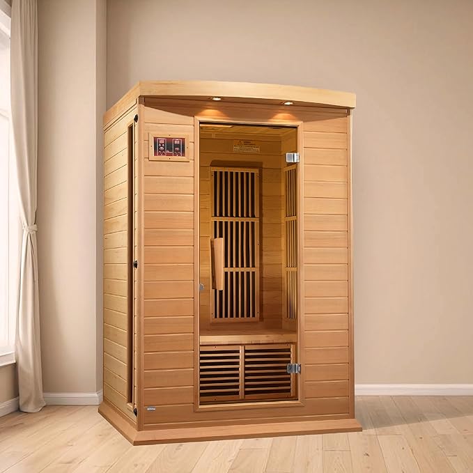 DYNAMIC SAUNAS 2-Person Low EMF FAR Infrared Sauna with Chromotherapy Lighting and Speakers, Maxxus Toulouse - Personal Indoor Dry Heat Sauna for Home & Gym – Made from Canadian Hemlock, 75"