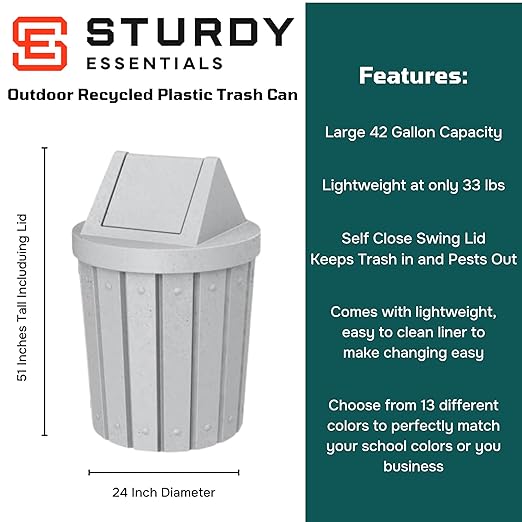 42 Gallon Round Slatted 100% Recycled Plastic Indoor or Outdoor Commercial Trash Can with Easy Access Swing Top Lid | Great for Schools and Businesses - Light Granite