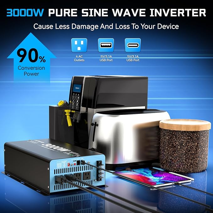 New Upgraded 3000 Watts Pure Sine Wave Inverter, 12V DC to 110V AC Power Inverter with 4 AC Outlets, USB Port, Type-C Port for Truck, Vehicle, Power Outage, Remote Control with LCD Screen