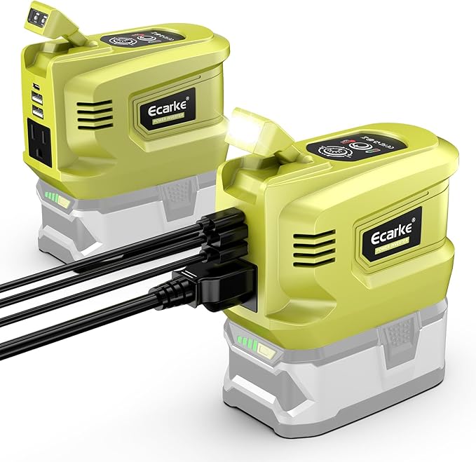 Power Inverter Compatible with Ryobi 18V Battery,2PCS Ecarke 200W Portable Power Supply Inverter,DC 18V to AC 110V~120V Power Station with 2 USB&AC Battery Powered Outlet 2 USB-A & 1 Type-C