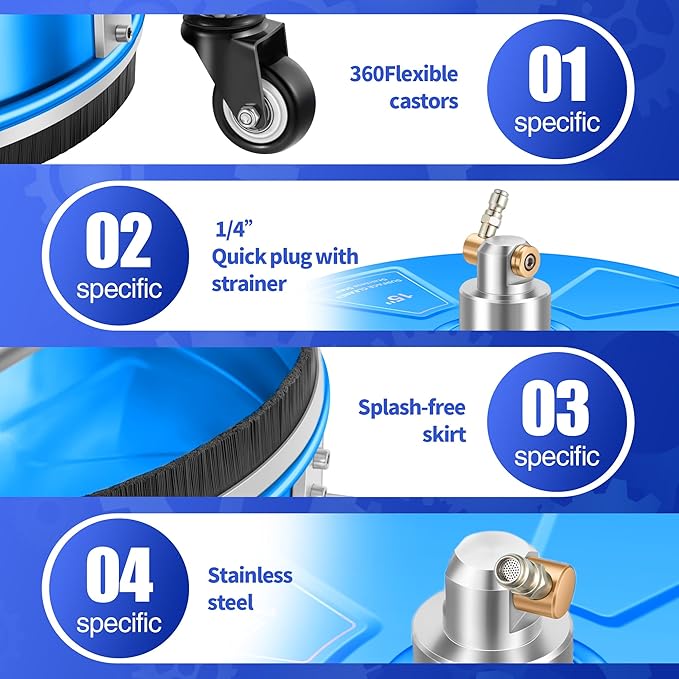 15" Pressure Washer Surface Cleaner with 4 Wheels - Coated Blue Stainless Steel Surface Cleaner for Pressure Washer Attachment for Concrete, Driveway, Patio, Sidewalk, Deck and Driveways - PWS15B