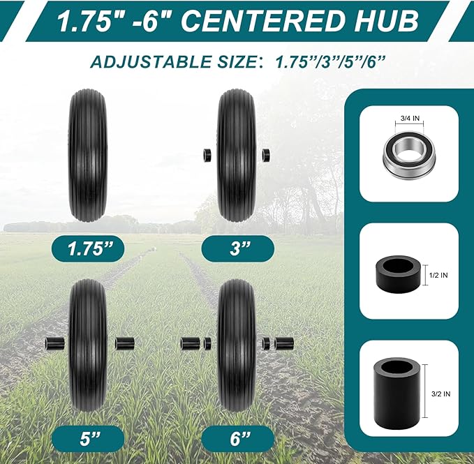4.00-6 Flat-Free Solid Tire and Wheel 13" Wheelbarrow Tire by Cenipar With 3/4" & 5/8" Grease Bushing and 1.75" Centered Hub 4.00-6 tire and wheel for Garden Cart Trolley Hand Truck, 2 PC