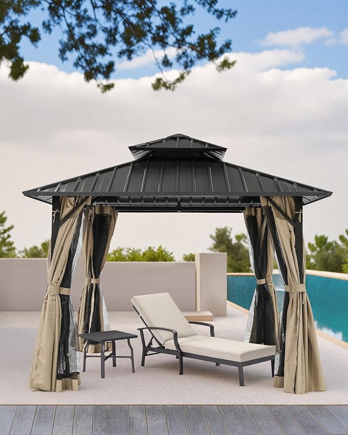 10' x 10' Hardtop Gazebo, Aluminum Frame Outdoor Patio Gazebos with Netting and Curtains, Outdoor Gazebo Canopy, Patio Pergola with Double Steel Roofs for Backyard, Patio, Deck, Sandstone