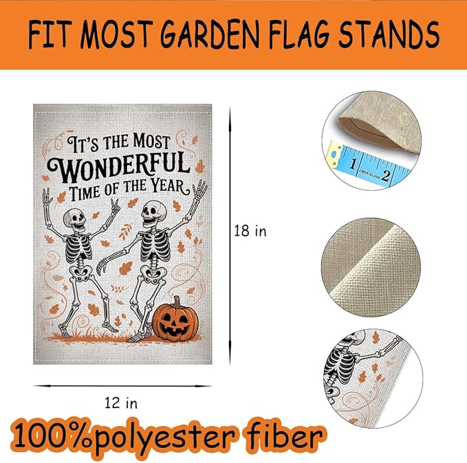 HTBIG Funny Halloween WSkeleton Garden Flag, Halloween Wonderful Time Flag, Yard Flags for Outside 12x18 inch, Outside Yard for Home Decorations