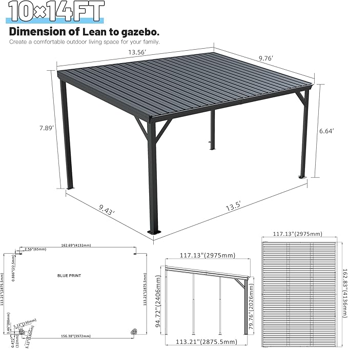 Domi 10’x14’ Lean-to Gazebo, Hardtop Wall-Mounted Gazebo Pergola with Sloping Galvanized Steel Roof and Upgraded Drainage System, Outdoor Permanent Metal Shelters for Patio Backyard Deck, Grey