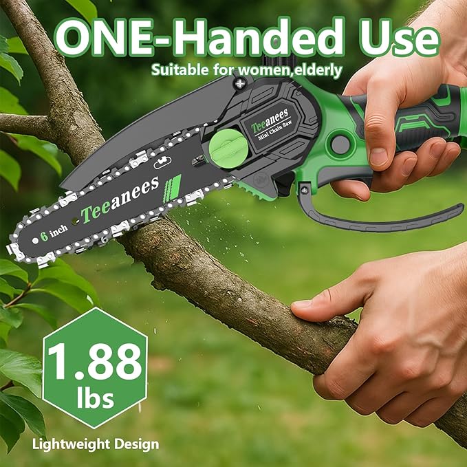 Mini Chainsaw Cordless 6 Inch, Electric Chainsaw Battery Powered with Auto Oiler, Security Lock for Wood Cutting, Tree Trimming, Garden & Household Use(1 Batterie)