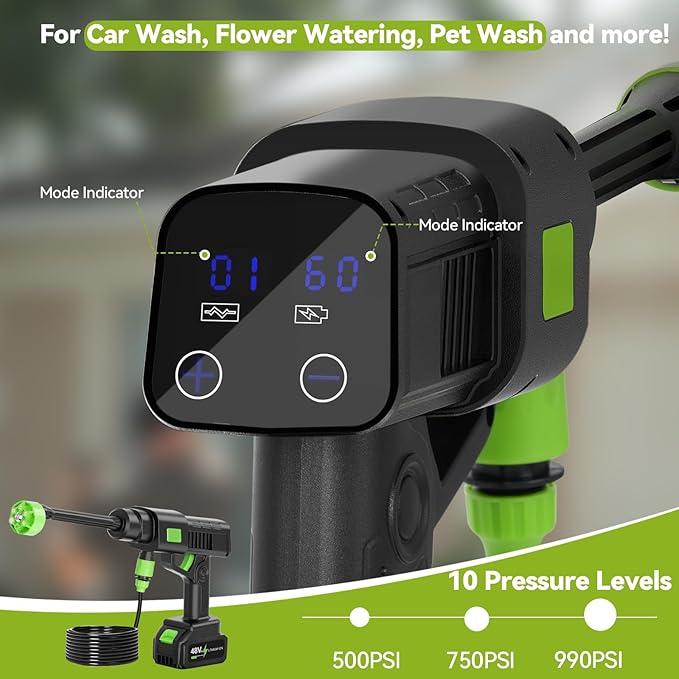 Portable Cordless Pressure Washer, 990PSI Portable Pressure Washer, Battery Powered 15000mAh, 6-in-1 Nozzle,10 Level,Handheld Car Washer, 33FT Hose, Power Cleaner for Car, Patio,Floor,Garden