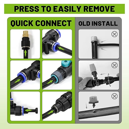 Garden Drip Irrigation Kit, 100ft Black Hose, 360° Adjustable Universal Nozzle, Patio Mist Plant Watering Sprinkler, Comes with Faucet Separator, Sprinkler Hose Adapter (Closeable nozzle-28)