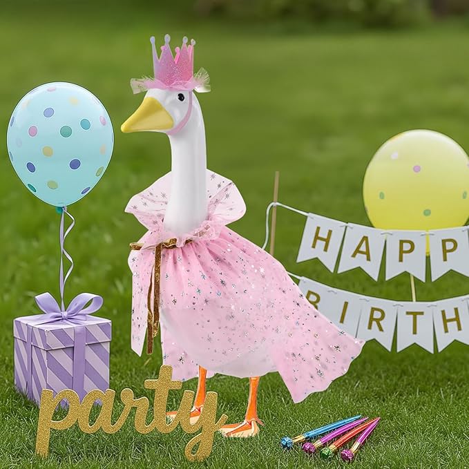 Birthday Porch Goose Outfits for 23" 17" Cement Plastic Lawn Goose Happy Birthday Hat and Cape for Outdoor Yard Garden Art Decor (Pink)