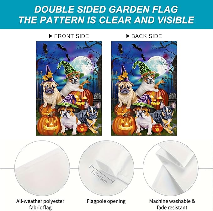 Double Sided 12x18 Inch Halloween Garden Flag, Scary Pumpkin Pug Bat Haunted House Outdoor Decoration, Halloween Trick or Treat Dog Garden Flag for Outdoor Yard Lawn Decoration