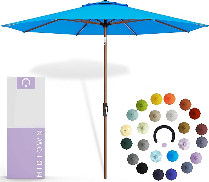 Midtown Umbrellas The Wooden 2-10 Feet Large Patio Umbrella, Terylast Cobalt Blue Fabric - Auto-Tilt Aluminum Frame For Backyard Umbrella, Deck Umbrella, Garden Umbrella & Pool - Wooden Pole