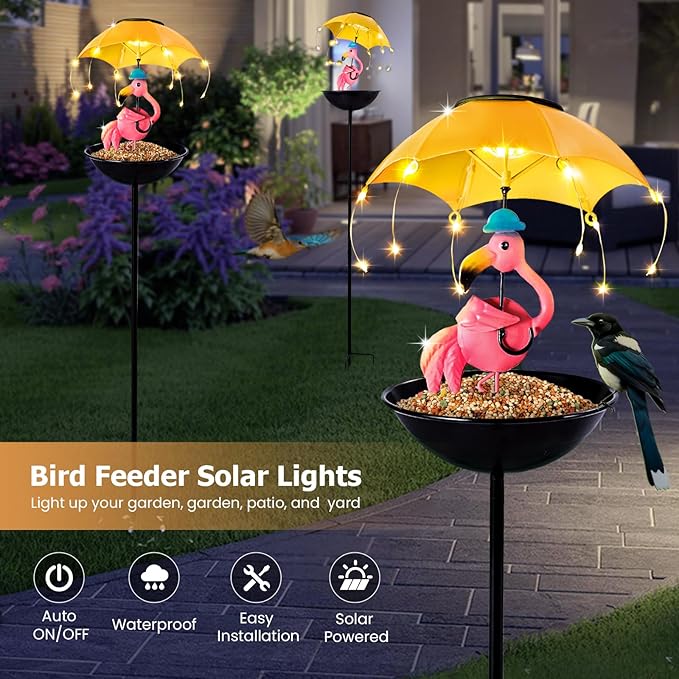Bird Feeder Solar Garden Decor, Waterproof Flamingo Metal Wildbird Cardinals Hummingbirds Feeders with LED Lights, Gifts for Mom Grandma Bird Lovers Outdoor Path Yard Decoration