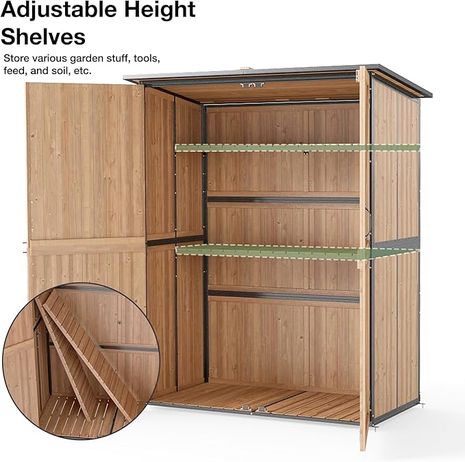 Outdoor Storage Shed with Floor, Waterproof Storage Cabinet with Metal Frame, Adjustable Shelves, Garden Shed for Backyard Garden Patio Lawn - Light Brown