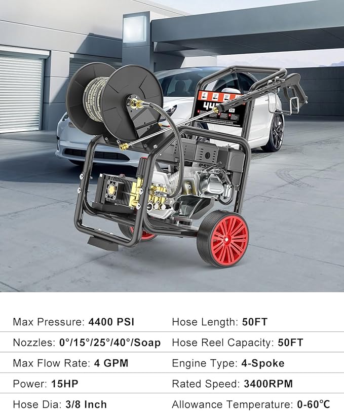 4400 PSI Gas Pressure Washer, One-Button Start 296cc 15HP Engine 4GPM, Includes Hose Reel, 50 FT 3/8 inch Hose, 5 Quick Connect Nozzles, Spray Gun and Wand