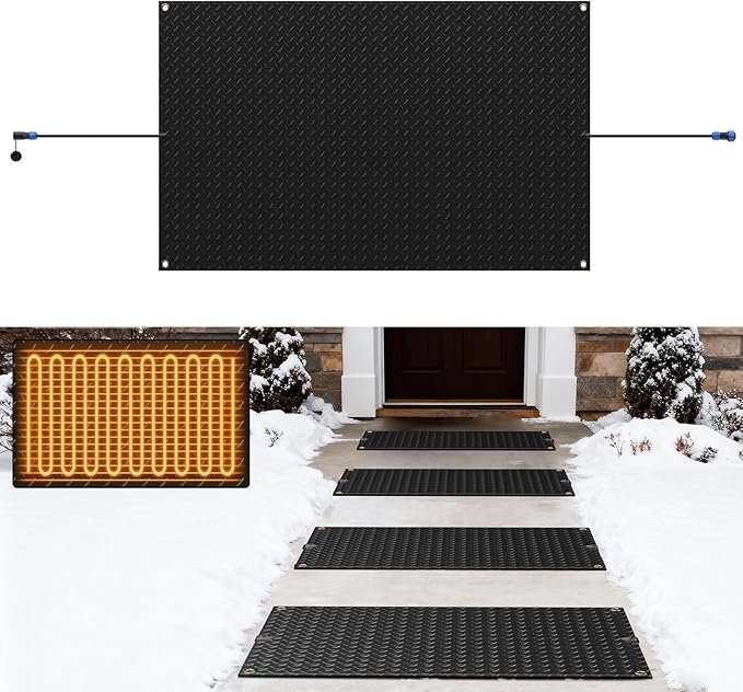 Snow Melting Mats Outdoor for Entrances, 30 x 48 in No-Slip Rubber Heated Outdoor Mats with 10 ft Power Cord, 3 in/h Speed Snow and Ice Melting Pads for Winter Roofs, Backyards Snow Removal