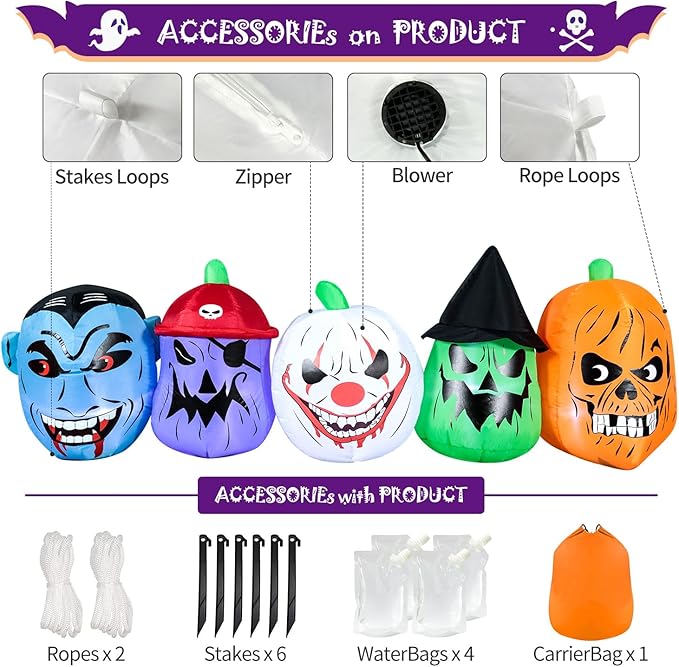 DomKom Halloween Inflatable Blow Up Decorations, 8FT Vampire Pirate Clown Witch and Spooky Pumpkin Giant Head, Built-in LEDs for Halloween Party, Garden, Lawn, Yard Décor