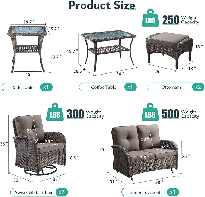 7 Piece Patio Furniture Set - Wicker Patio Conversation Set with Swivel Glider, Glider Loveseat, Tempered Glass Side Table and 2 Ottomans for Deck Backyard - Brown Wicker Grey Cushion