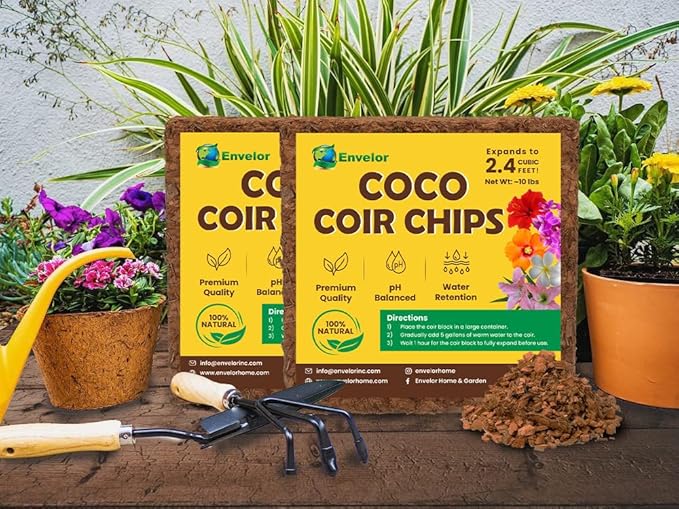 Coco Coir Chips 4-Pack Envelor 2.4 Cu. Ft. Compressed Coconut Coir Bricks 10 lb. Natural Substrate for Indoor Outdoor Coco Chips for Plants Orchid Bark Coco Coir Brick Plant Soil Indoor Potting Mix