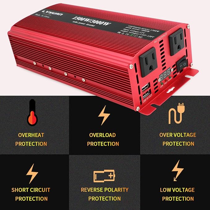 Yinleader 1500 Watts Car Power Inverter 12V to 110V,DC to AC Converter Dual AC Outlets and Dual 3.1A USB Ports for RV Caravan Truck Laptop Camping