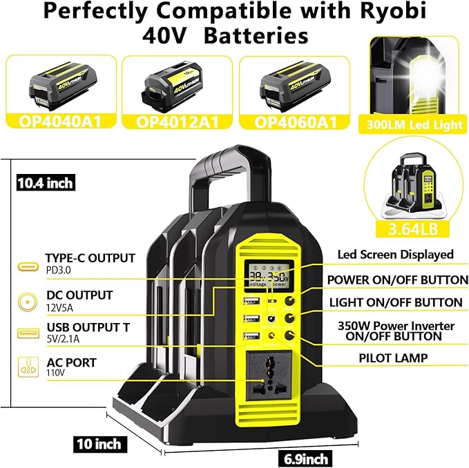 350W Power Inverter for Ryobi 40V Li-ion Batteries,4-Port Supply Inverter Generators Converter DC 40V to AC110V ~120V with LED Light,3 USB-A,1 Type-C,1DC Port, for Outdoor Travel Camping