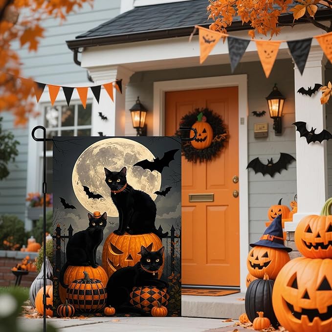 IVN Happy Halloween Garden Flag 12x18 Inch Double Sided Black Cat Pumpkin Bat Full Moon Gothic Graveyard Outdoor Yard Flag for Outside Front Door Lawn Porch Patio Welcome Decor
