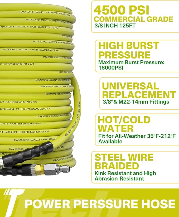 Pressure Washer Hose 125FT 3/8" for Cold and Hot Water 212°F, with Swivel Quick Connect, 4500PSI Kink Resistant Grade Steel Wire Braided, Power Washer Hose With 2pcs M22-14mm Adapter