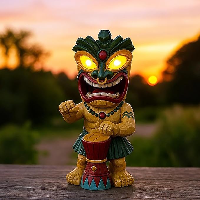 Solar Tiki Garden Statue with LED Eyes Outdoor Polynesian Drummer Hawaiian Party Decor Solar Light Ornament for Patio Porch Lawn Tiki Bar or Tiki Lover Funny Gifts