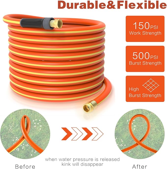 Hybrid Hose 50ft x 5/8", Short Garden Water Hose Heavy Duty, Flexible, Lightweight Hybrid Water Hose with Swivel Handle,3/4'' Brass Fittings, Available For Reel Cart Backyard Burst 500 PSI