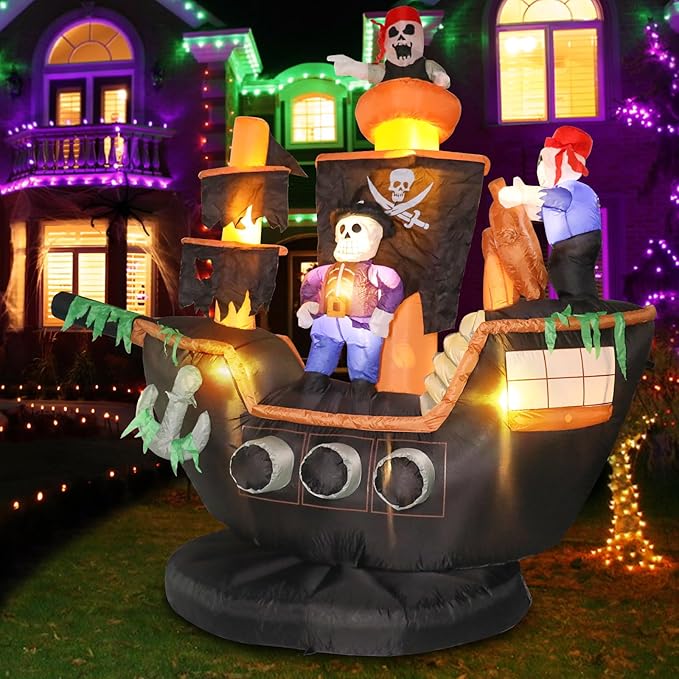 VCUTEKA 7FT Halloween Inflatable Skeletons Ghosts on Pirate Ship Outdoor Decoration, Blow Up Decor with LED Lights for Holiday Party Yard Lawn Inflatables Home Family Outside