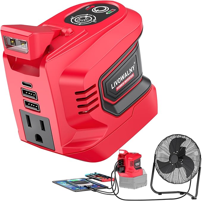 Real 200W Portable Power Inverter Compatible with Milwaukee 18V, LIVOWALNY Outdoor Generato Battery Converter 2 USB & AC Battery Powered Outlet, DC 18V to AC 110V-120V Power Station (Tool Only)