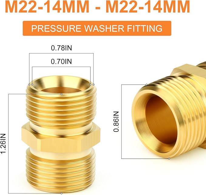 GASHER 5Pcs Brass M22 Pressure Washer Fitting,M22-14mm Male x M22-14mm Male Thread Fittings,For Pressure Washer Hose