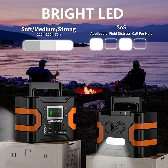 HOWEASY Portable Power Station 300W(600W Peak), 236Wh Solar Generator with Pure Sine Wave 110V AC Output, Backup Lithium Battery with LED Light for Outdoor Camping Travel Home Blackout