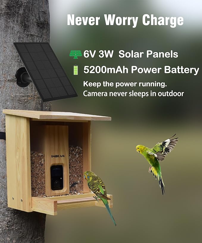 Smart Wooden Bird Feeder with Camera-Solar Power,Bird AI Identifier,1080p HD,5200mAh Battery,3.5L Extra Large,Twin Seed Bins
