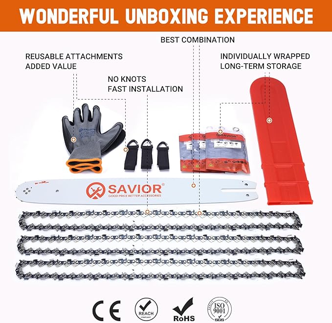 Savior 18 Inch Chainsaw Guide Bar and Chain Combo, .325" Pitch, .063" Gauge, 68 Drive Links for 025, 025C, MS250, MS251, MS251C-BE Chainsaws, Replacement 183PXLBA074 578780 (3*Chains+1*Bar)
