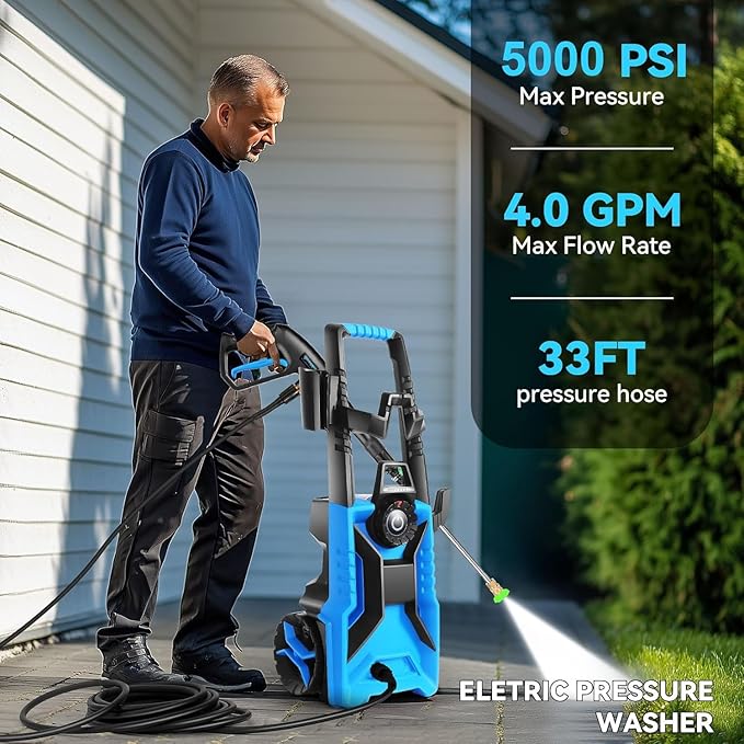 5000 PSI Adjustable Pressure Cleaner, 2025 New Power Cleaner Pressure Adjustable (2500PSI-5000PSI) with 33ft Pressure Hose, 4 Nozzle and Detergent Tank for Cars, Upgraded Blue