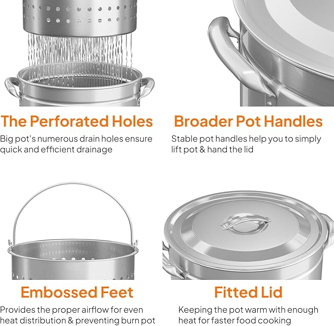 Bonnlo 62QT Stainless Steel Stock Pot for Boiling Seafood, Crawfish lobster & Crab, Frying Turkey & Steaming Tamales, Large Boil Pot with Steamer Basket, Lid, Lifting Hook for Outdoor Cooking Backyard